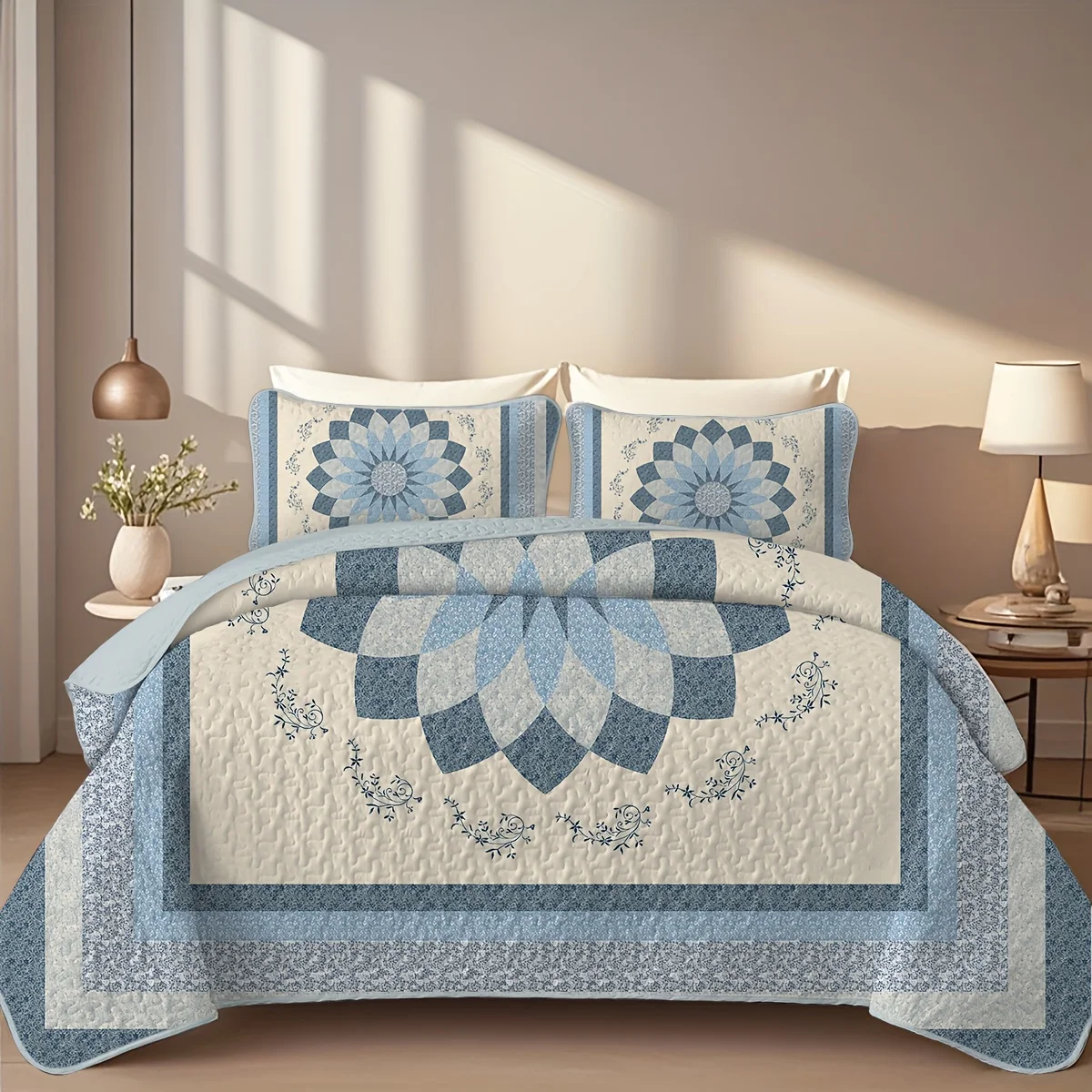 Quilt Cotton Summer - 2/3pcs Elegant Blue Floral Print Quilt