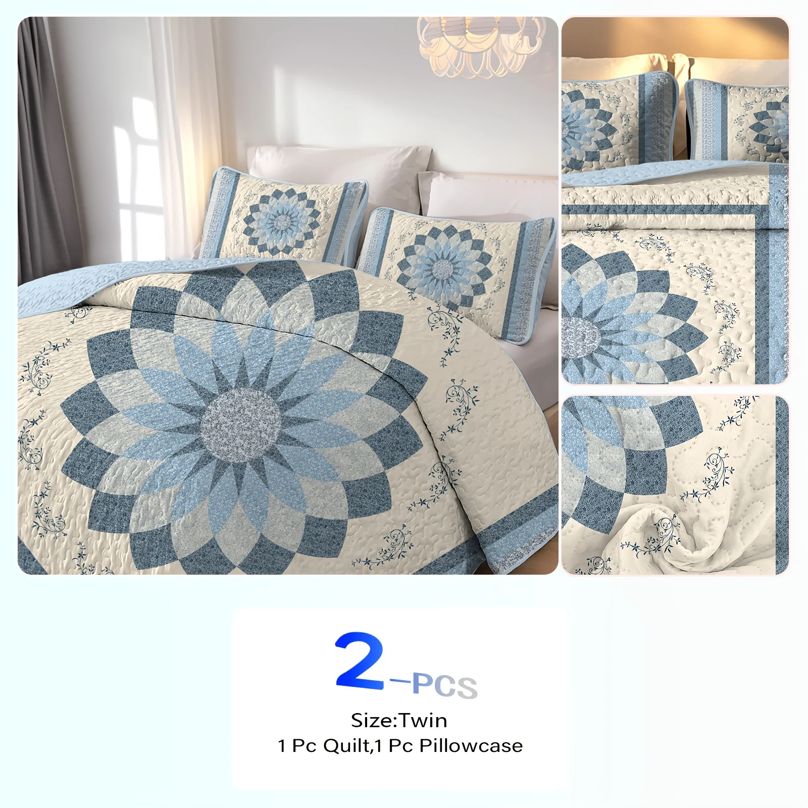 2/3pcs Elegant Blue Floral Pri - Quilt Cotton Summer avaliação e preço